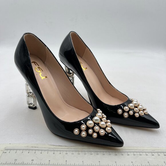 FSJ Black-pearls Jeweled High Heel Pointed Toe Pump Slip On Sparkling Heel Shoes - Picture 4 of 8